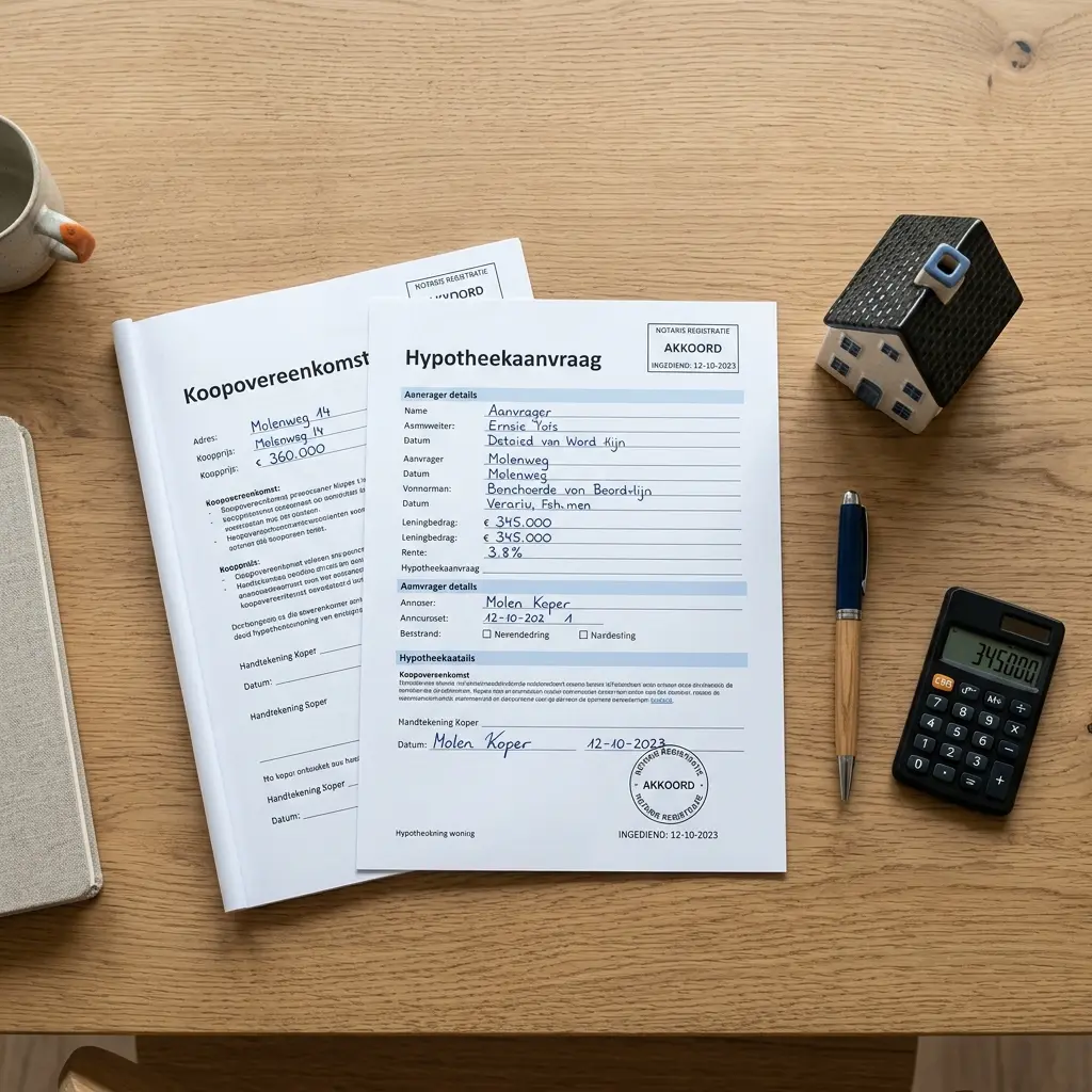 Documenten voor hypotheek en woningaankoop samen op een bureau
