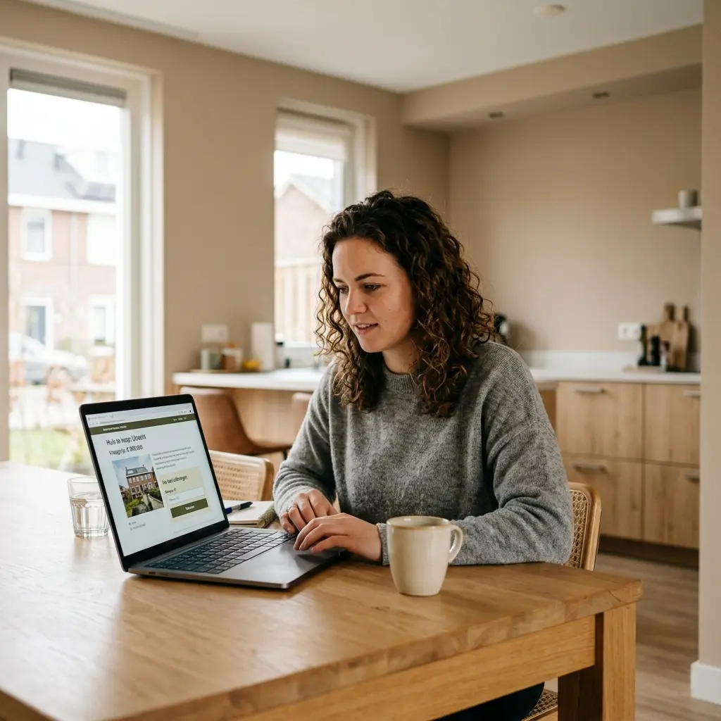 Koper brengt op een laptop een bod uit op een woning