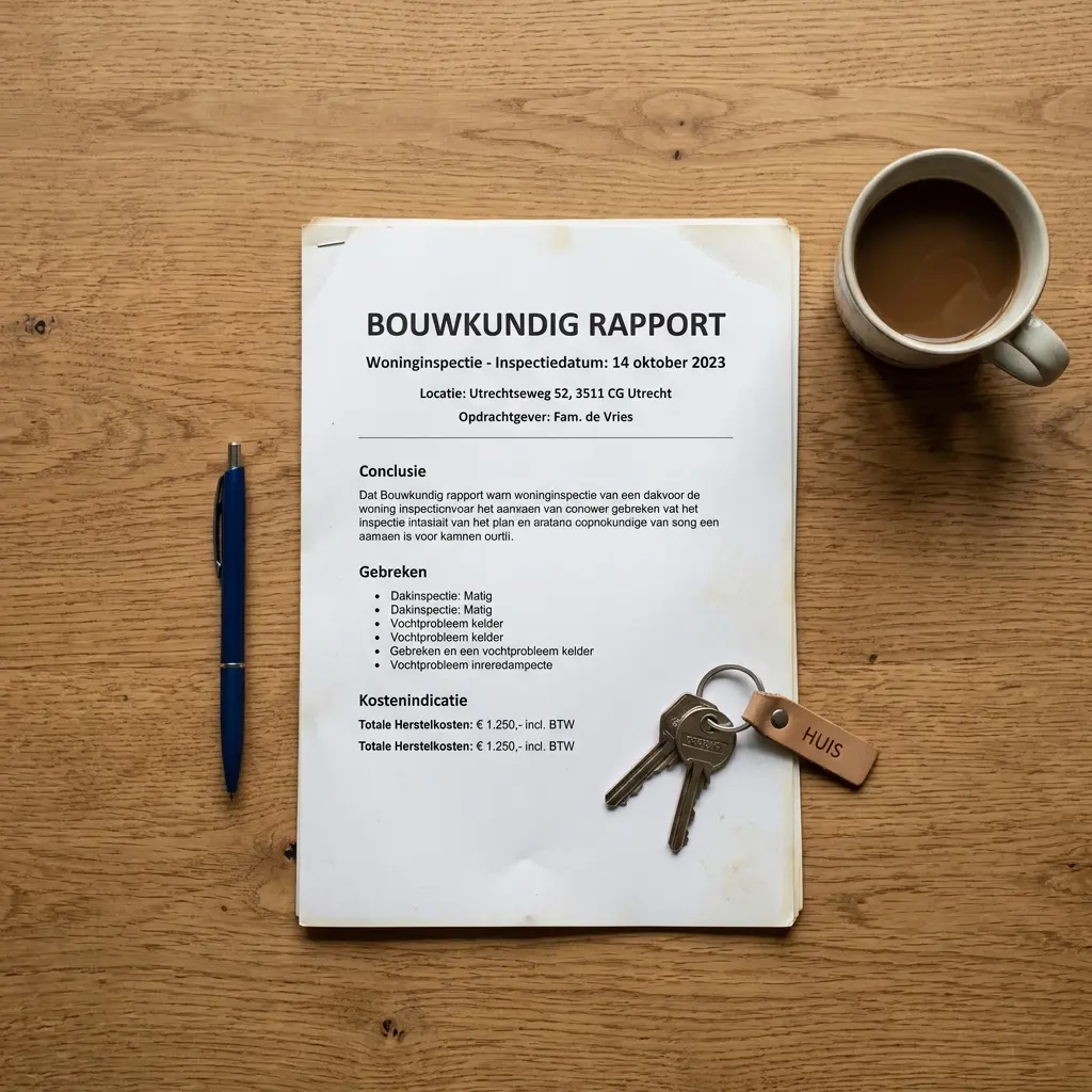Bouwkundig rapport en huissleutels op tafel na aankoop van een woning