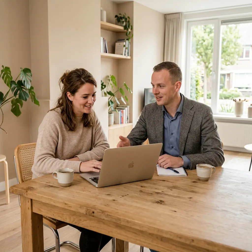 Koper bekijkt samen met adviseur de biedstrategie voor een woning