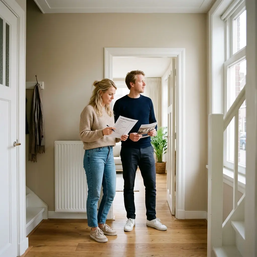 Stel bezichtigt samen een woning met checklist in de hand