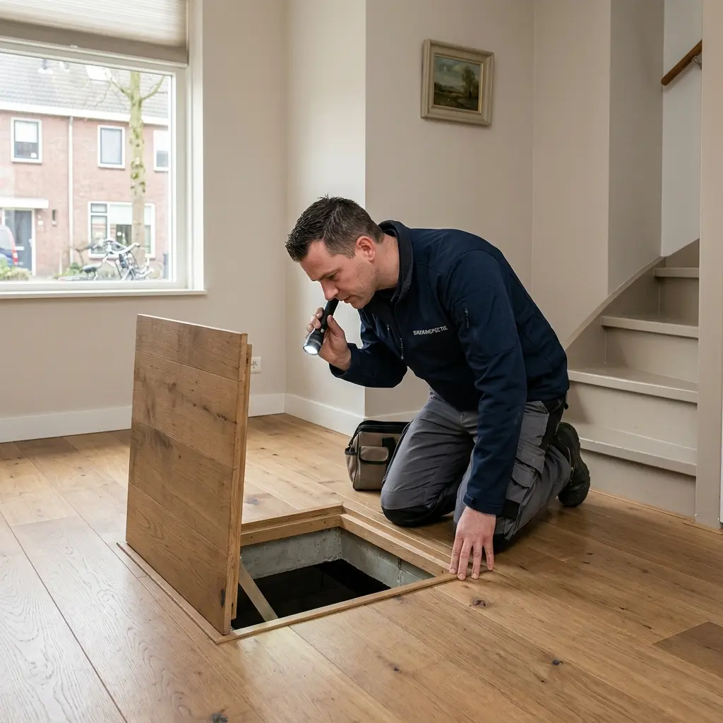 Bouwkundig inspecteur controleert de kruipruimte van een woning met een zaklamp