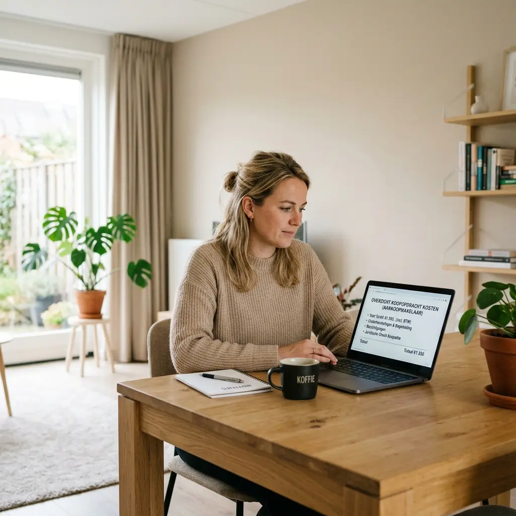 Home buyer reviewing the Libero Aankoop fee on a laptop